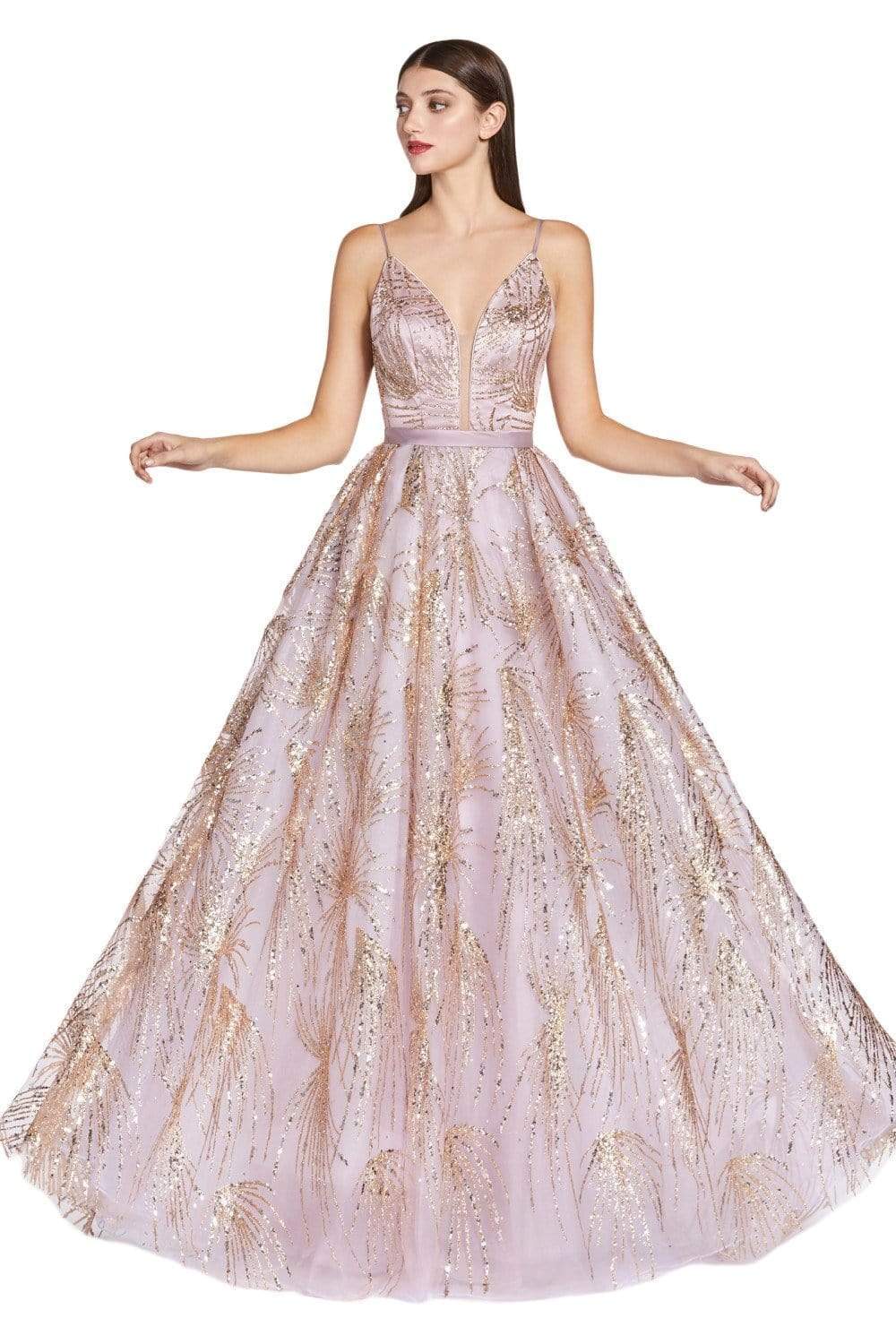 Cinderella Divine - CZ0016 Glitter Print Deep V-neck Ballgown Prom Dresses