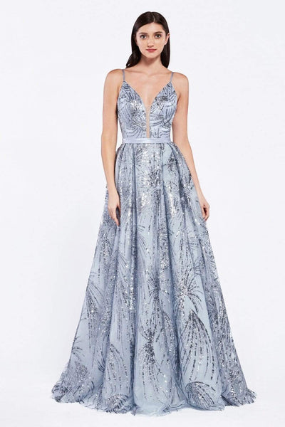 Cinderella Divine - CZ0016 Glitter Print Deep V-neck Ballgown Prom Dresses XXS / Metallic Blue