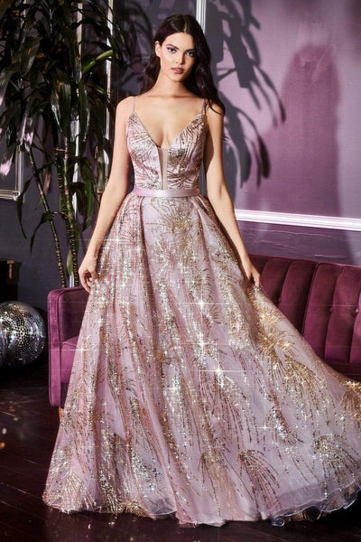 Cinderella Divine - CZ0016 Glitter Print Deep V-neck Ballgown Prom Dresses XXS / Rose Gold