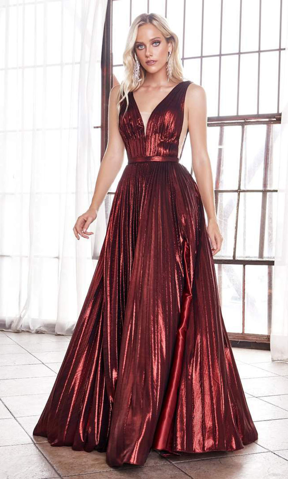 Cinderella Divine - Deep V Neck High Slit Metallic Pleated Gown CD160 - 1 pc Burgundy In Size 14 Available CCSALE 14 / Burgundy