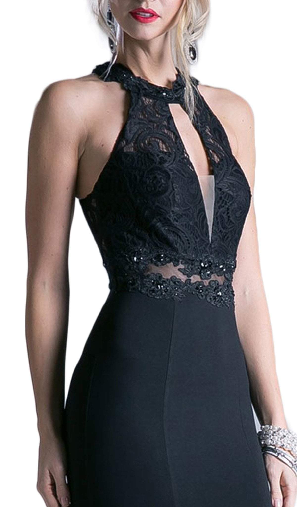 Cinderella Divine - Embellished Lace Halter Fitted Dress Special Occasion Dress XS / Black