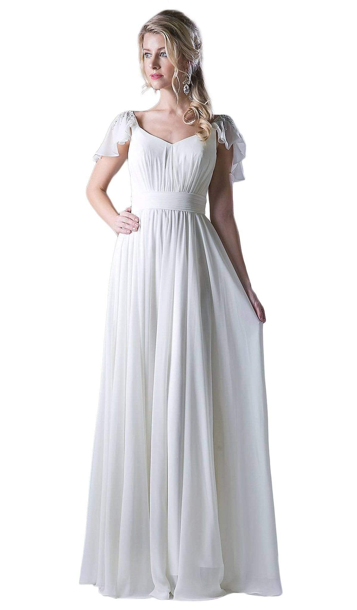 Cinderella Divine - Embellished Ruched Wide V-neck A-line Dress Special Occasion Dress XS / Ivory