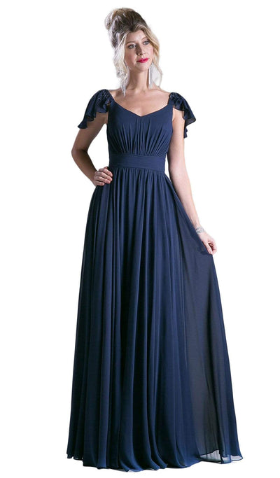 Cinderella Divine - Embellished Ruched Wide V-neck A-line Dress Special Occasion Dress XS / Navy