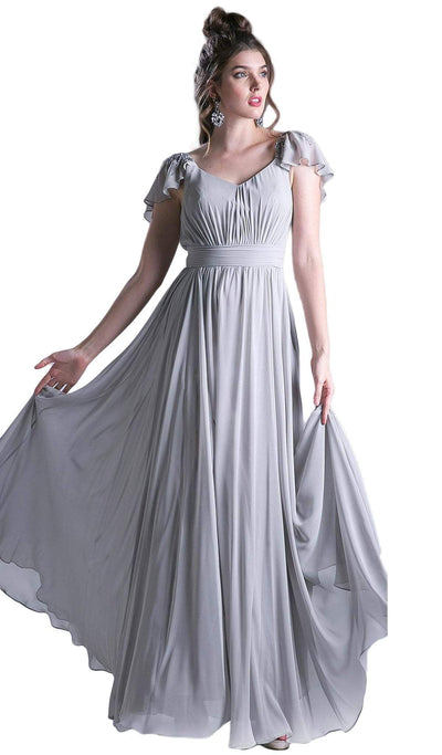 Cinderella Divine - Embellished Ruched Wide V-neck A-line Dress Special Occasion Dress XS / Silver
