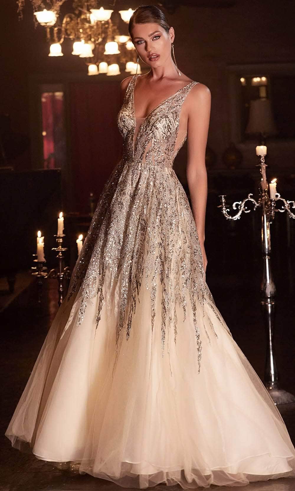 Cinderella Divine - Embellished Sleeveless Prom Dress C135 - 1 pc Champagne In Size 12 Available CCSALE 12 / Champagne