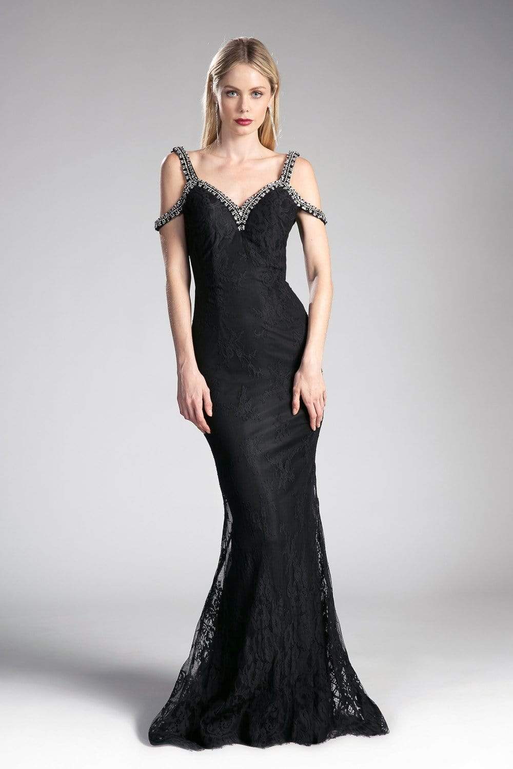 Cinderella Divine - Embellished Strappy V-neck Lace Fitted Dress Special Occasion Dress 2 / Black