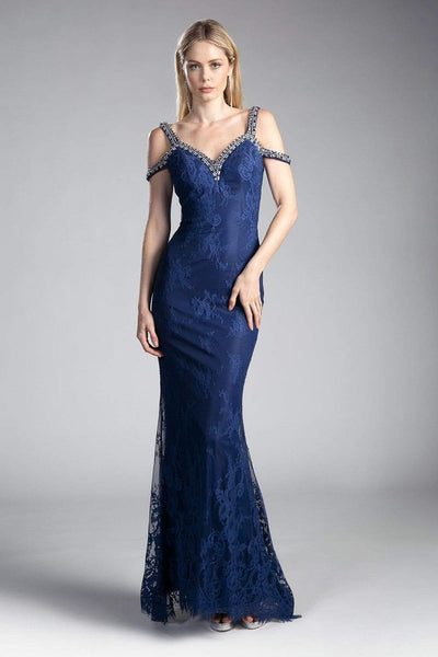 Cinderella Divine - Embellished Strappy V-neck Lace Fitted Dress Special Occasion Dress 2 / Navy