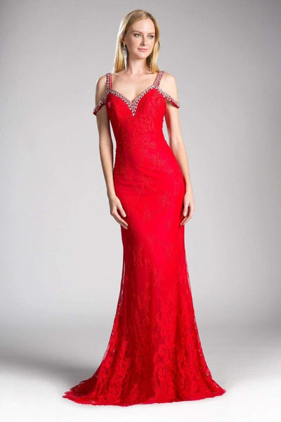 Cinderella Divine - Embellished Strappy V-neck Lace Fitted Dress Special Occasion Dress 2 / Red