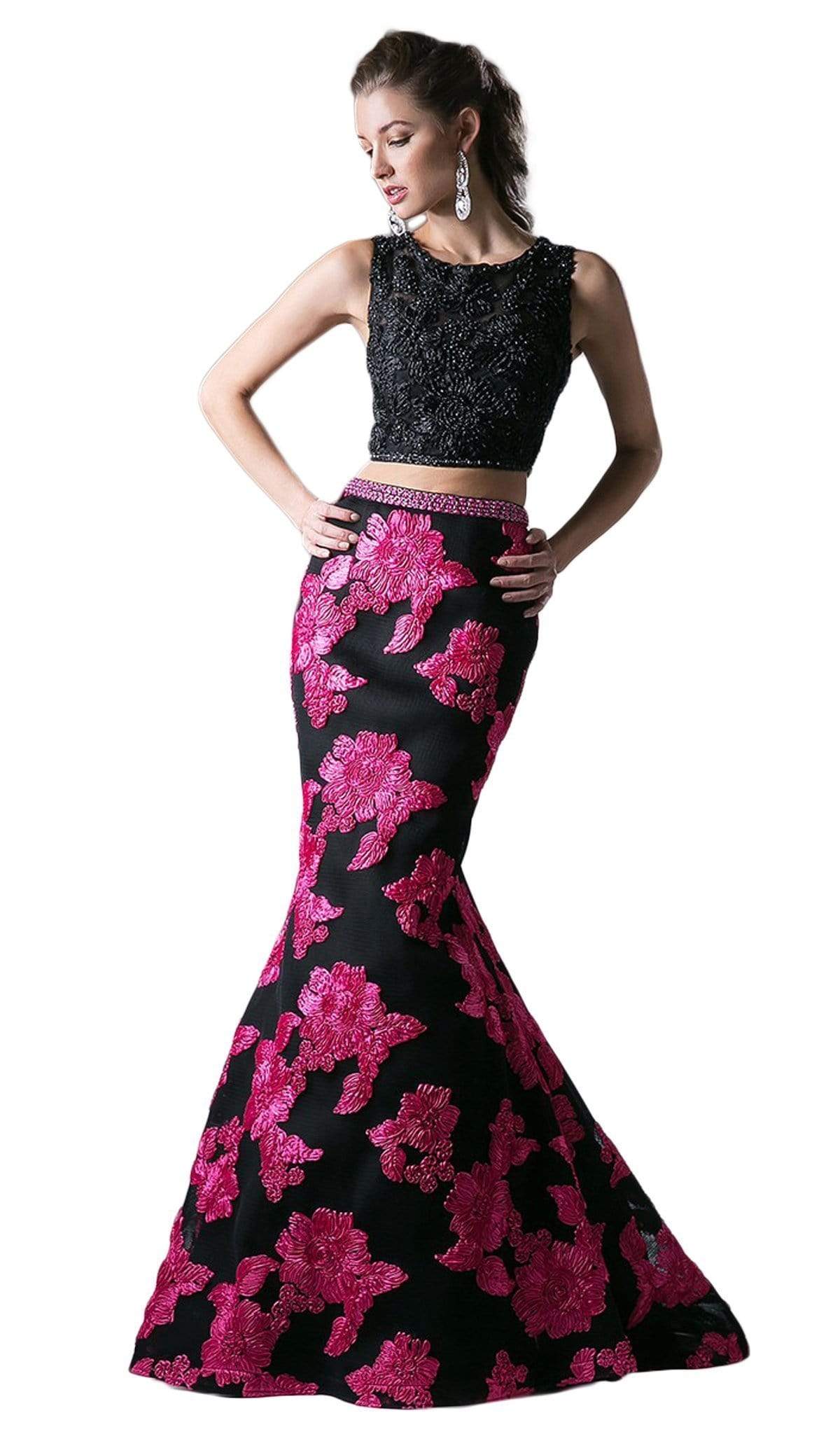 Cinderella Divine - Embellished Two Piece Floral Mermaid Evening Gown Special Occasion Dress 2 / Black Fuchsia