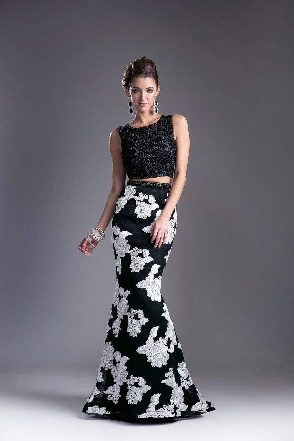 Cinderella Divine - Embellished Two Piece Floral Mermaid Evening Gown Special Occasion Dress 2 / Black White