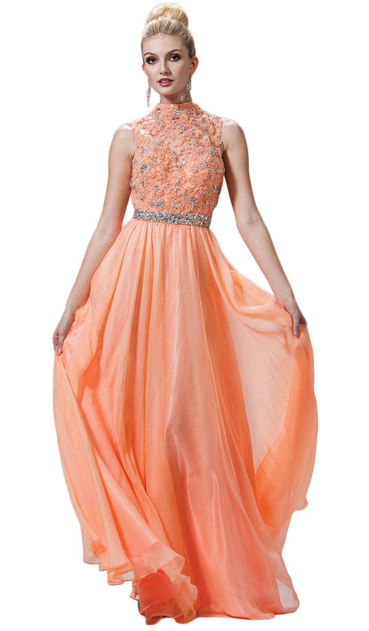 Cinderella Divine - Embroidered High Neck Chiffon Dress Special Occasion Dress 2 / Peach
