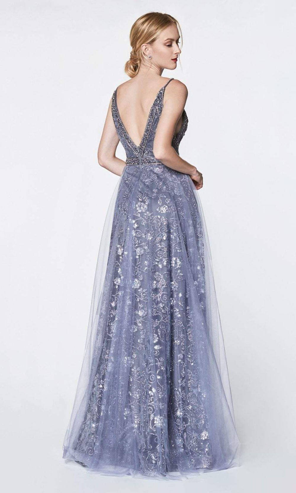 Cinderella Divine - Embroidered Plunging Neck Glitter Gown KC888 CCSALE 12 / Midnight
