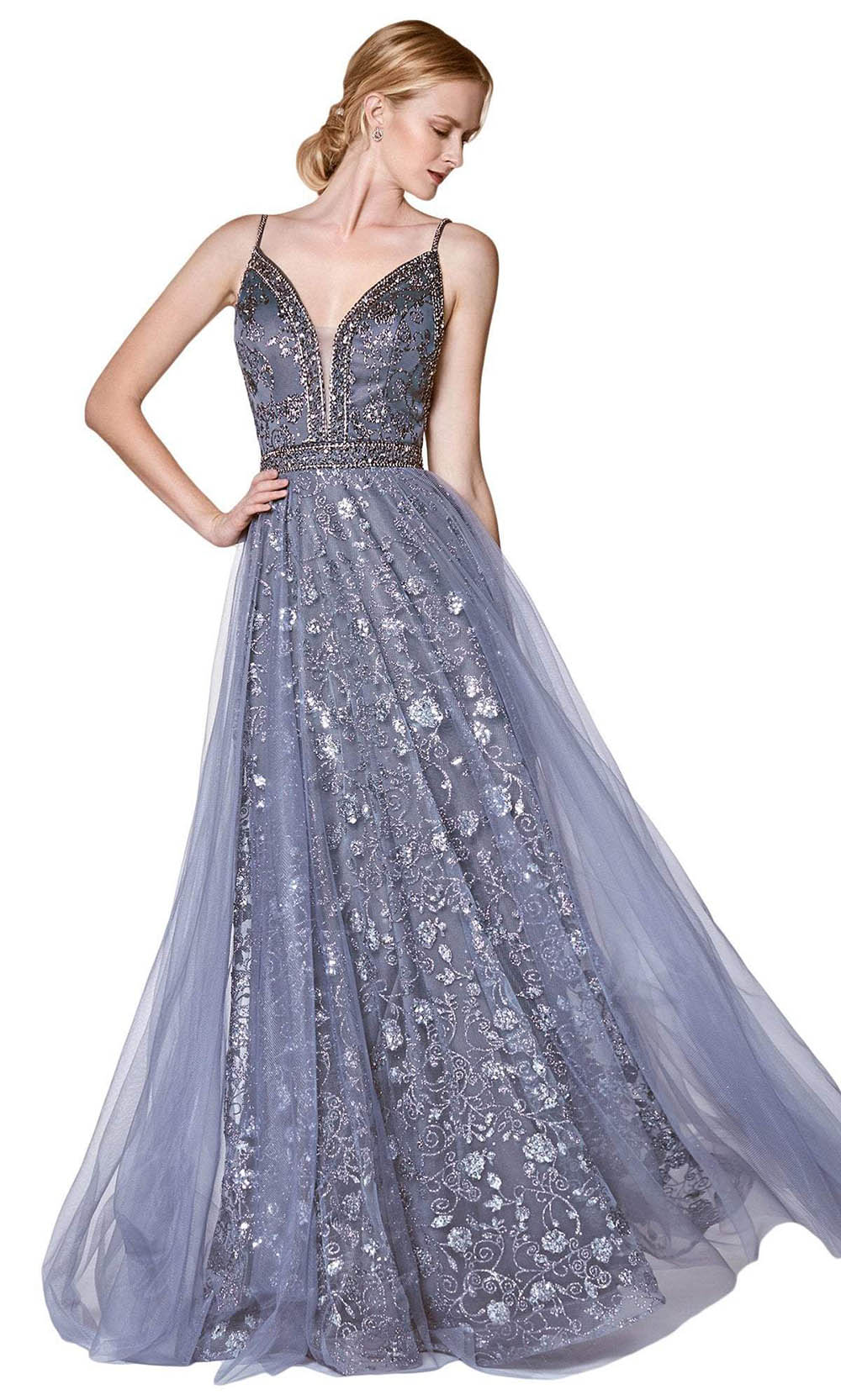 Cinderella Divine - Embroidered Plunging Neck Glitter Gown KC888 CCSALE 12 / Midnight