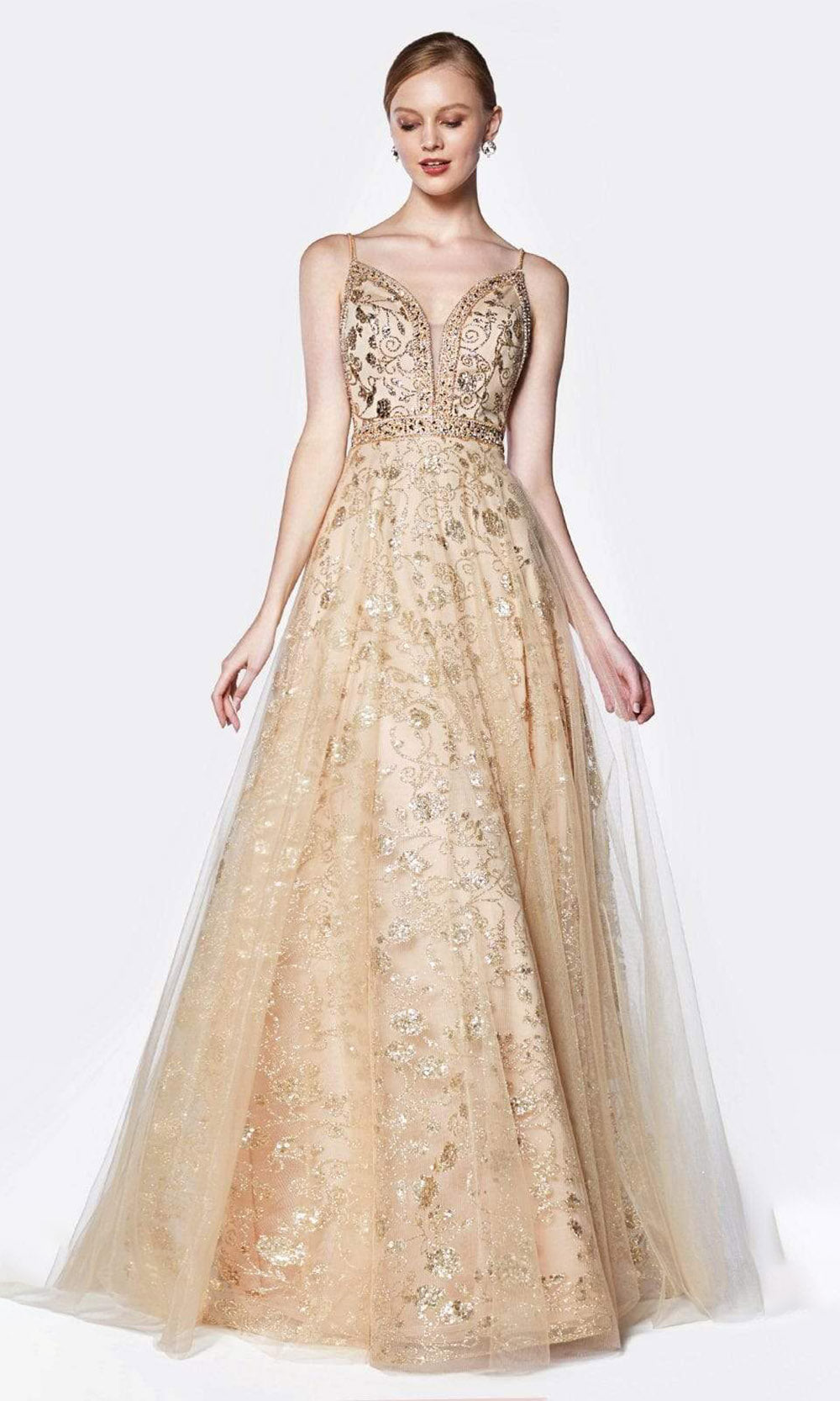 Cinderella Divine - Embroidered Plunging Neck Glitter Gown KC888 CCSALE 18 / Gold