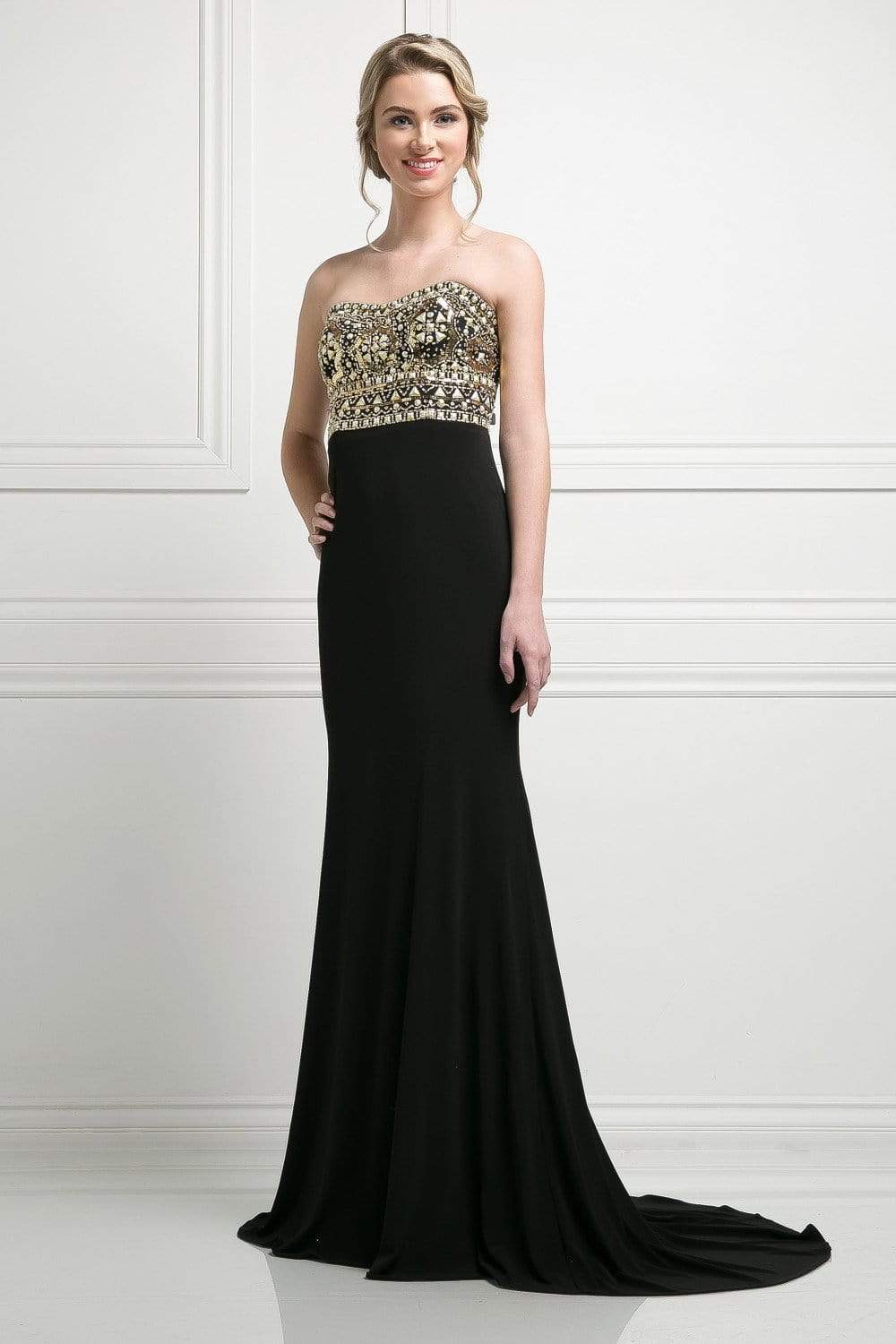 Cinderella Divine - Fitted Embellished Strapless Evening Dress Special Occasion Dress 2 / Black