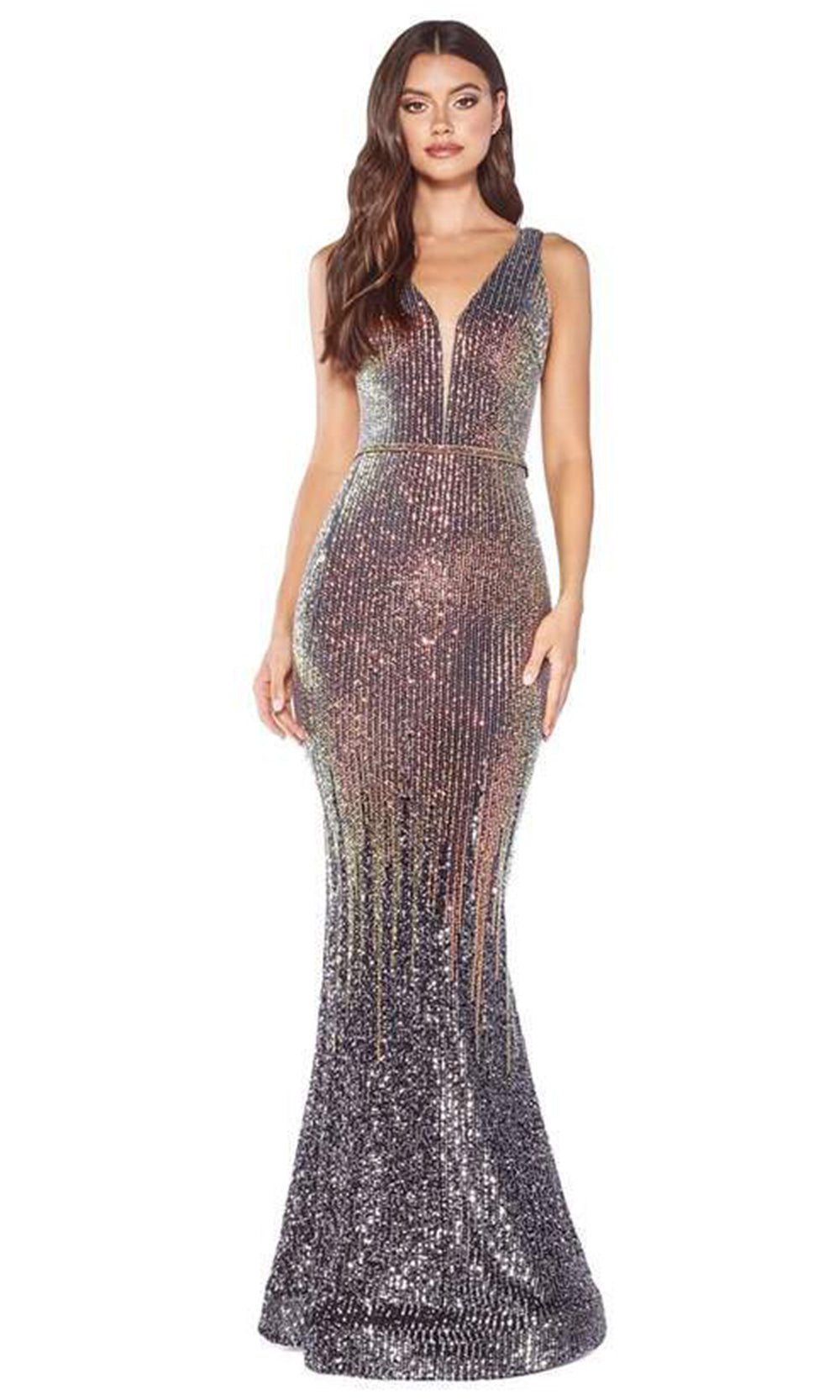 Cinderella Divine - Fitted Ombre Sequin V Neck Evening Gown J9273 - 1 pc Gunmetal In Size 2 Available CCSALE 2 / Gunmetal