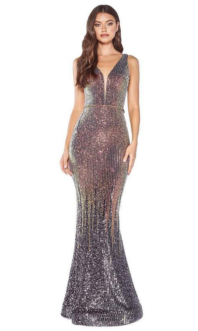 Cinderella Divine - Fitted Ombre Sequin V Neck Evening Gown J9273 - 1 pc Gunmetal In Size 2 Available CCSALE 2 / Gunmetal