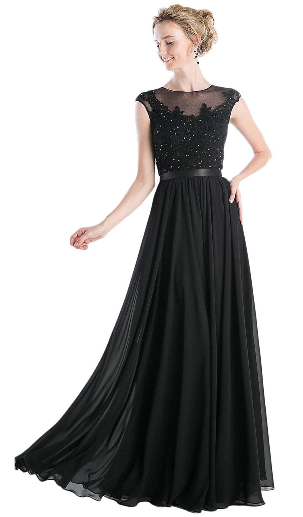 Cinderella Divine - Floral Applique with Illusion Bateau A-line-Dress Special Occasion Dress XS / Black