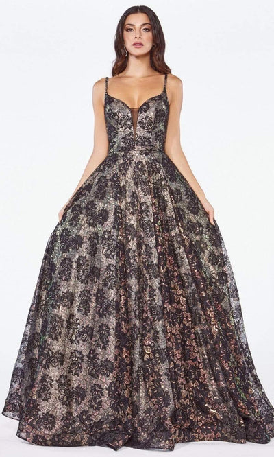 Cinderella Divine - Long Floral Detailed A-line Dress KC893SC In Black and Floral