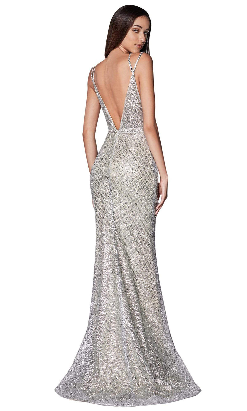 Cinderella Divine - Glitter Print Plunging V-Neck Gown U102 - 1 pc Rose Gold In Size 6 Available CCSALE 18 / Silver-Nude