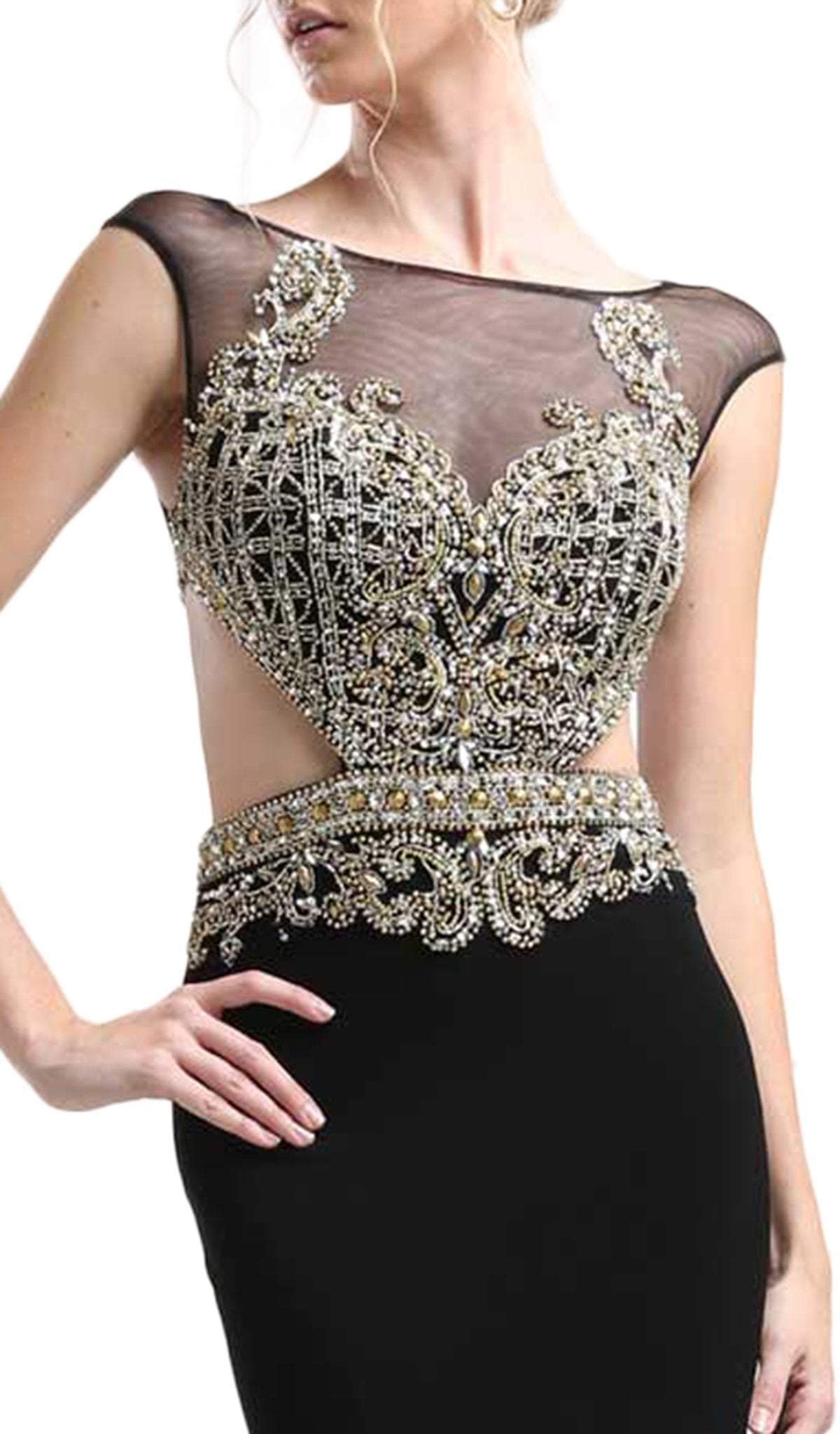 Cinderella Divine - Gold Embellished Illusion Bateau Sheath Dress Special Occasion Dress 2 / Black