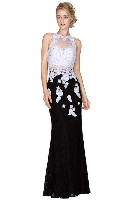 Cinderella Divine - Illusion Lace Appliqued Sheath Gown Special Occasion Dress 2 / White-Black