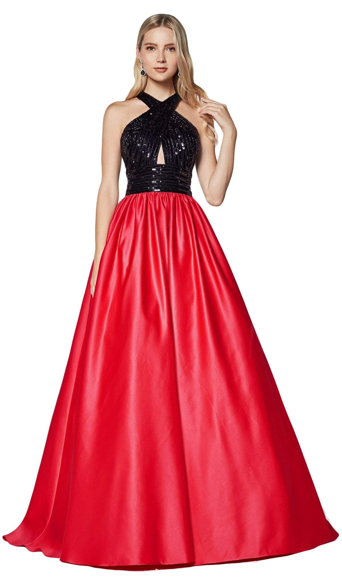 Cinderella Divine - J0234 Sequined Crisscross Cutout Bodice Gown Special Occasion Dress 2 / Black/Hot Pink