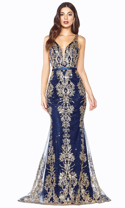 Cinderella Divine - Plunging Metallic Embellished Trumpet Dress J786SC In Blue and Gold