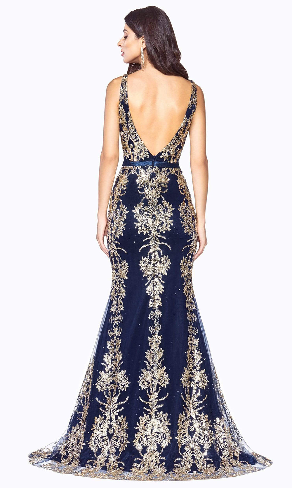 Cinderella Divine - Plunging Metallic Embellished Trumpet Dress J786SC In Blue and Gold