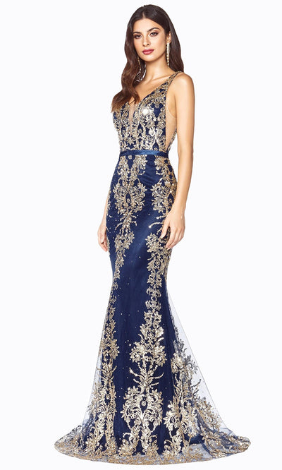 Cinderella Divine - Plunging Metallic Embellished Trumpet Dress J786SC In Blue and Gold