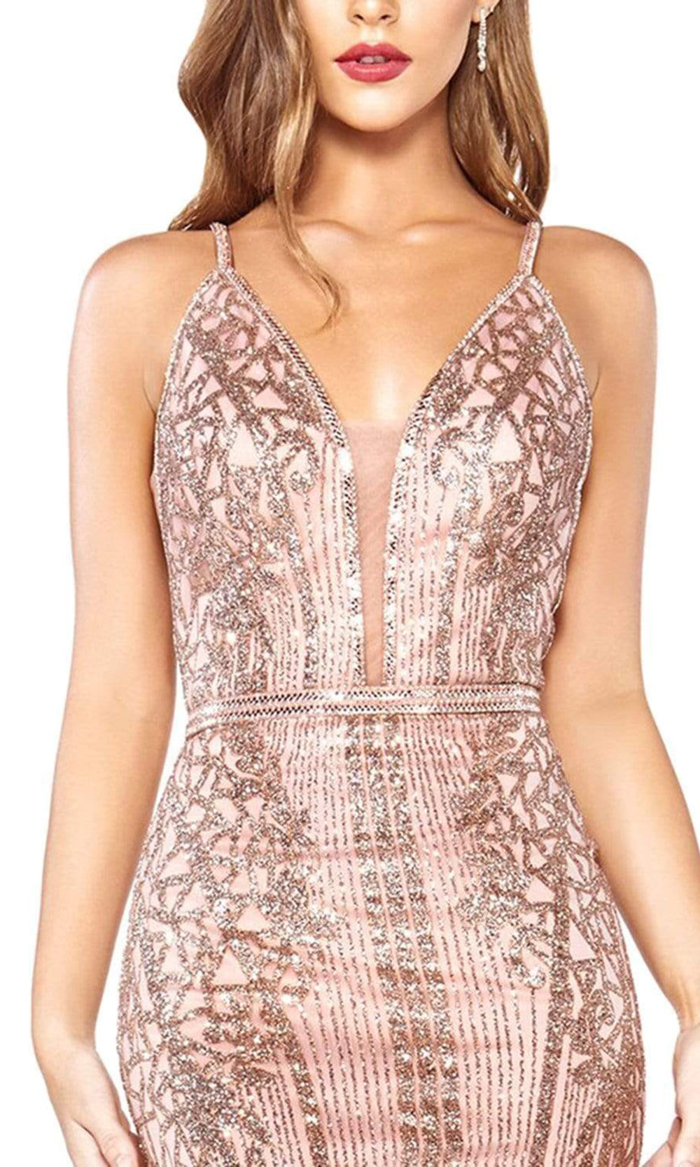 Cinderella Divine - Plunging V-Neck Embellished Gown J8795SC In Pink