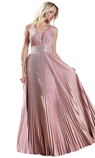 Cinderella Divine - J9459SC V Neck Pleats Allover A-line Dress In Pink
