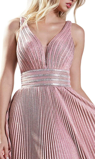 Cinderella Divine - J9459SC V Neck Pleats Allover A-line Dress In Pink