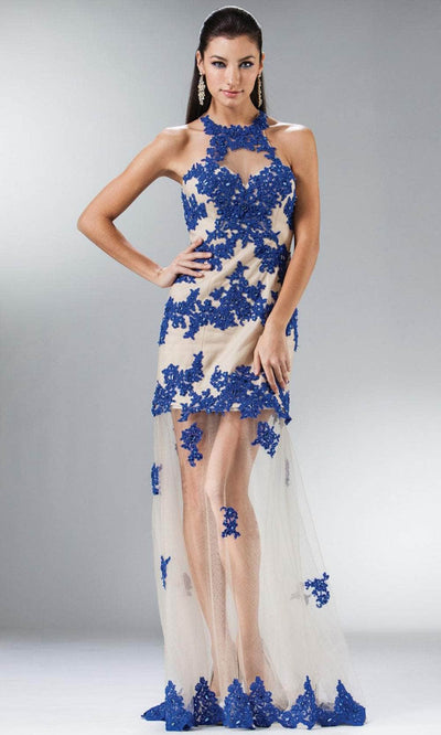 Cinderella Divine JC917 - Embroidered Halter Trumpet Sheer Dress Special Occasion Dress 4 / Nude-Royal
