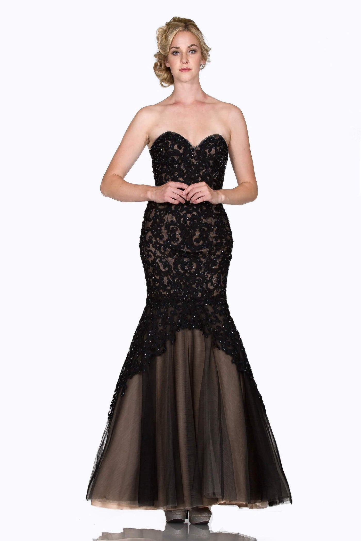 Cinderella Divine - KC1701 Beaded Lace Sweetheart Mermaid Gown Special Occasion Dress 2 / Black Nude