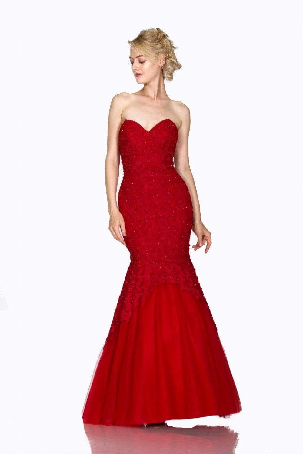 Cinderella Divine - KC1701 Beaded Lace Sweetheart Mermaid Gown Special Occasion Dress 2 / Red