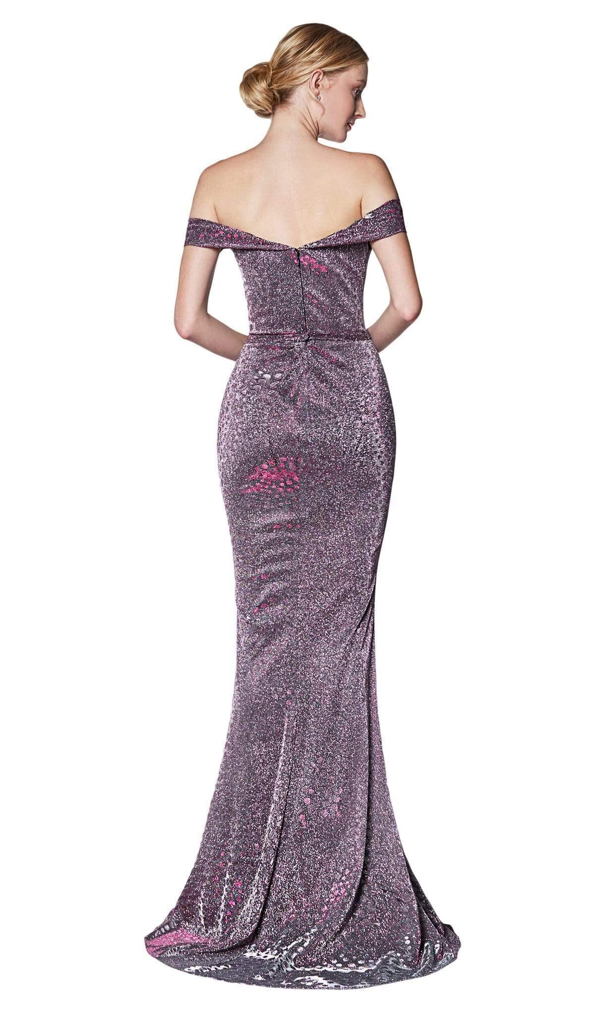 Cinderella Divine - KC870 Off Shoulder Glitter Metallic High Slit Gown Special Occasion Dress