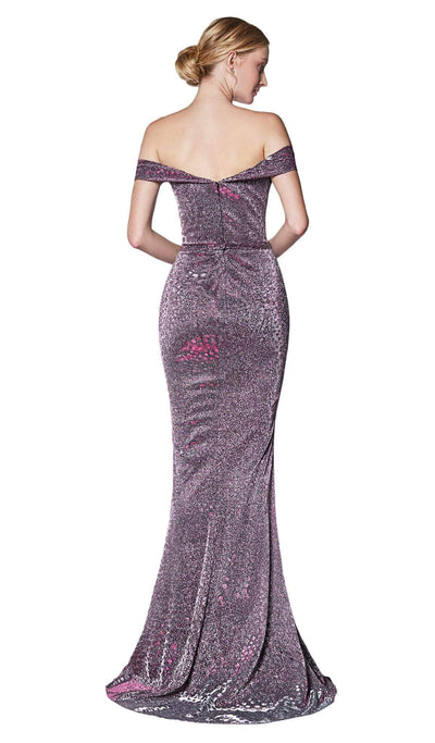 Cinderella Divine - KC870 Off Shoulder Glitter Metallic High Slit Gown Special Occasion Dress