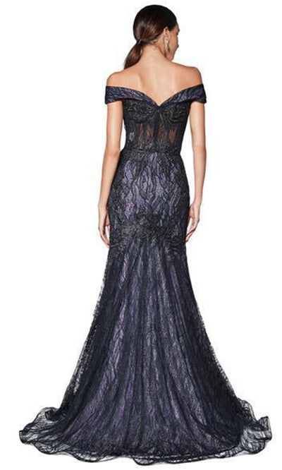 Cinderella Divine - KC874 Beaded Lace Off-Shoulder Trumpet Silhouette Evening Gown - 1 pc Black-Lilac in Size 6 Available CCSALE 10 / Black-Lilac