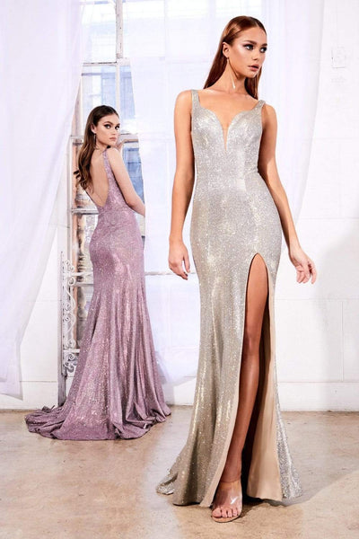 Cinderella Divine - KC876 Sexy Metallic Glitter Gown with Slit Evening Dresses