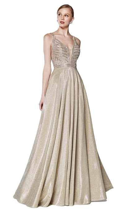 Cinderella Divine - KC879 Ornate Metallic Banded Glitter A-Line Gown Special Occasion Dress 4 / Champagne