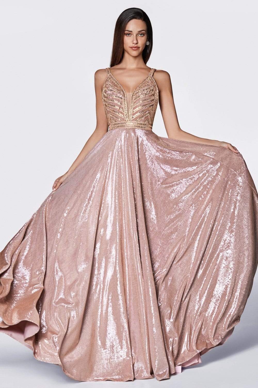 Cinderella Divine - KC879 Ornate Metallic Banded Glitter A-Line Gown Special Occasion Dress 4 / Rose Gold