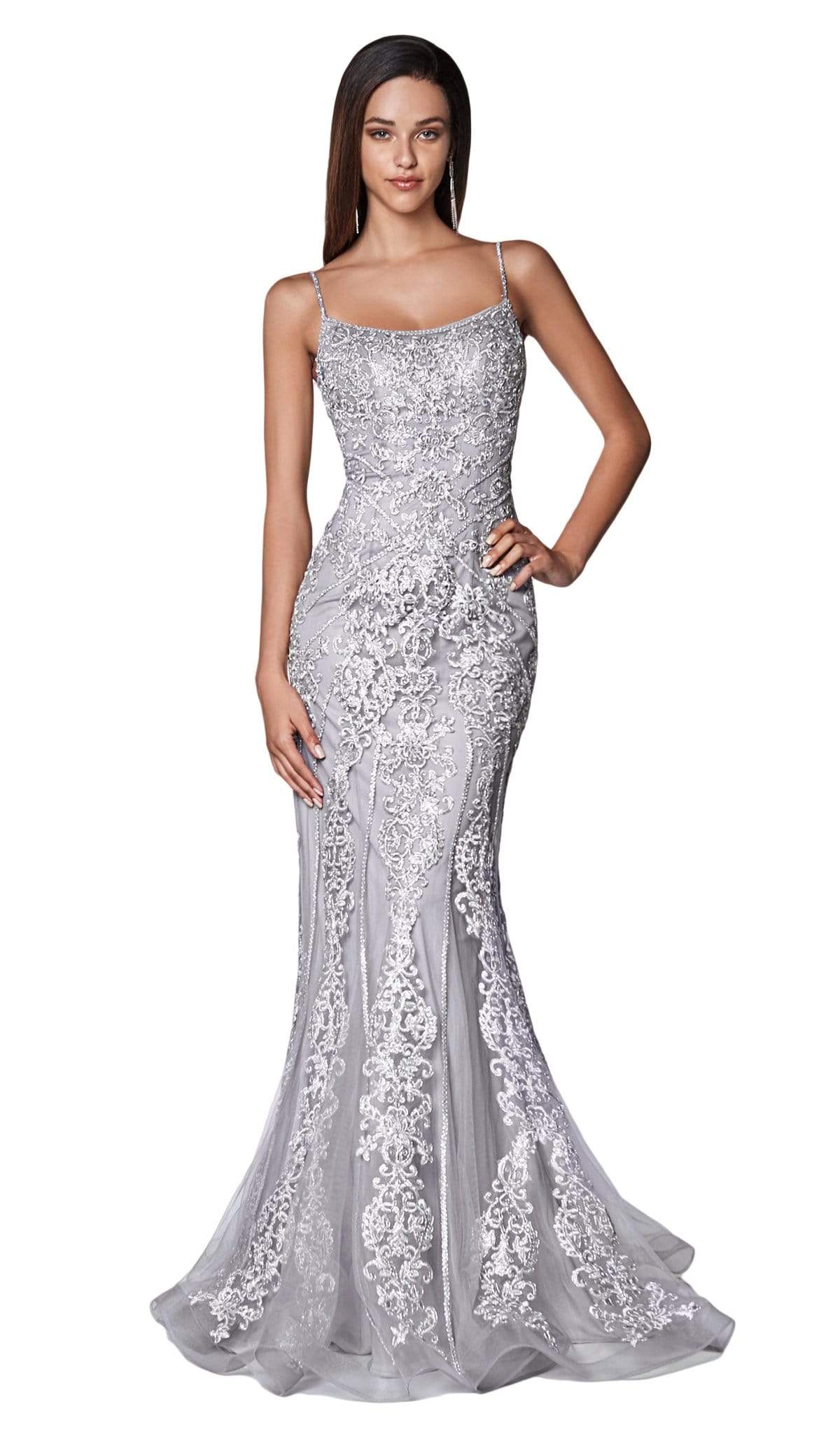 Cinderella Divine - KC885 Sleeveless Sparkly Beaded Lace Mermaid Gown Special Occasion Dress 4 / Grey