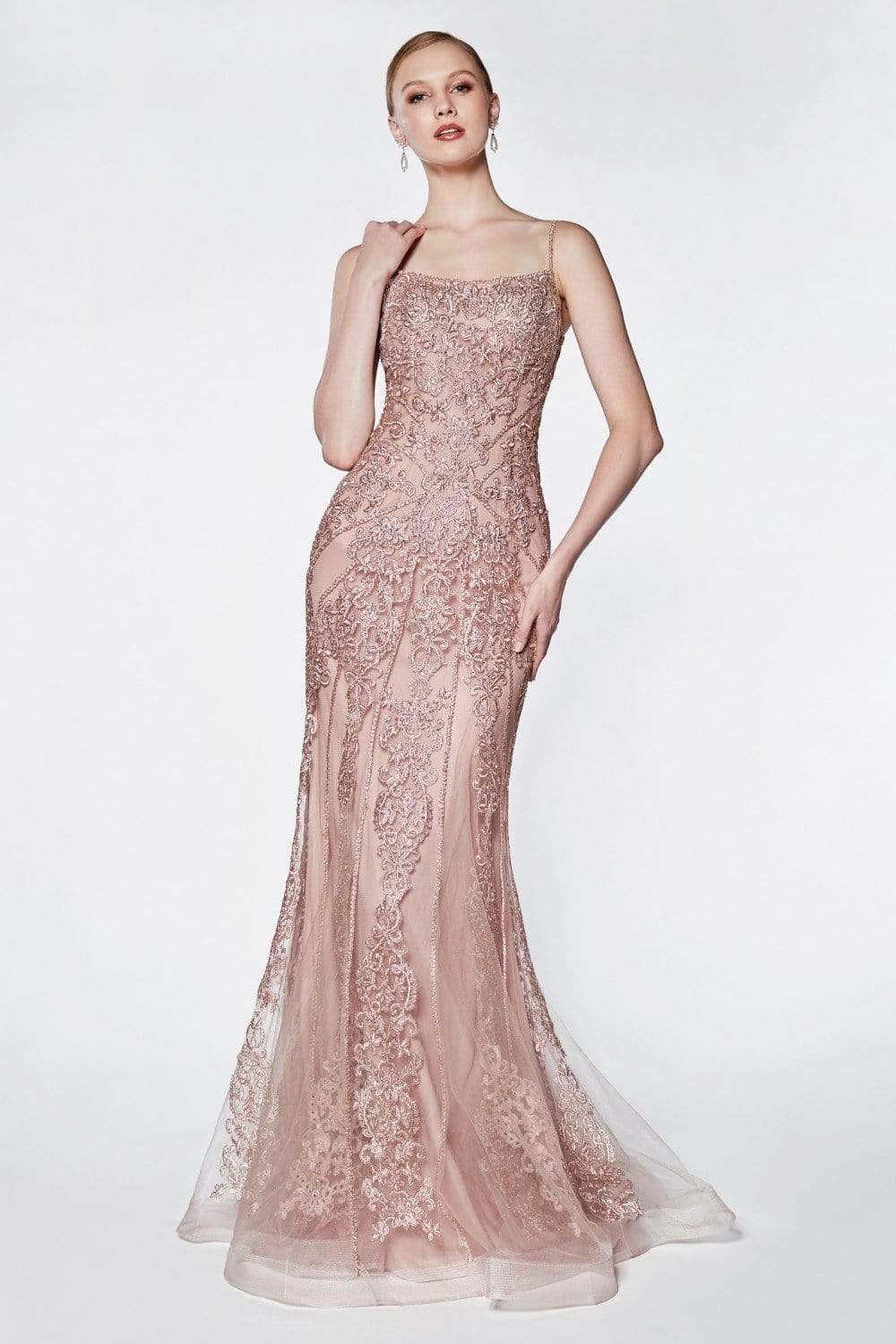Cinderella Divine - KC885 Sleeveless Sparkly Beaded Lace Mermaid Gown Special Occasion Dress 4 / Rose Gold