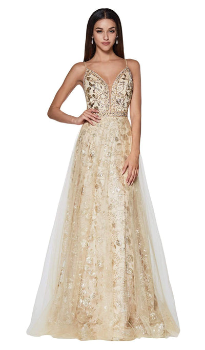 Cinderella Divine - KC888 Sleeveless Sheer Plunging Neck Glitter Gown Special Occasion Dress 2 / Gold