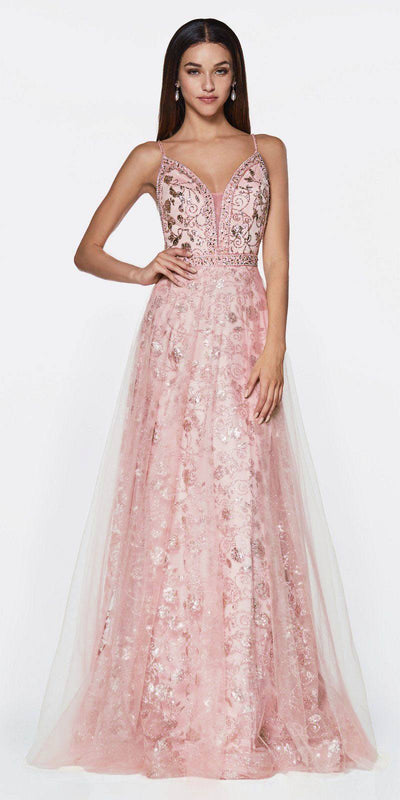 Cinderella Divine - KC888 Sleeveless Sheer Plunging Neck Glitter Gown Special Occasion Dress 2 / Tea Rose