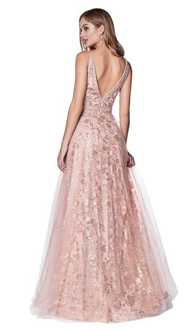 Cinderella Divine - KC888 Sleeveless Sheer Plunging Neck Glitter Gown Special Occasion Dress
