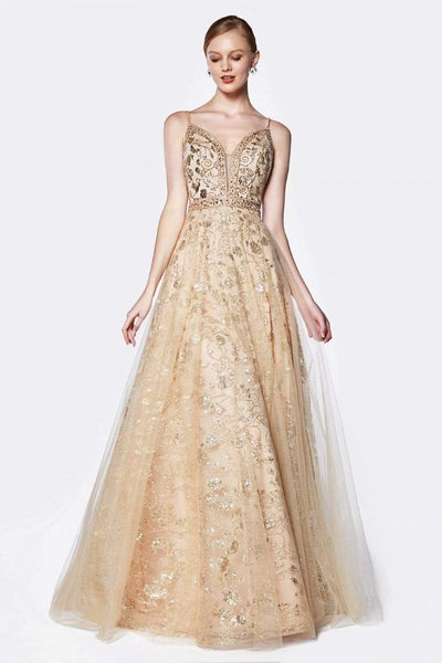 Cinderella Divine - KC888 Sleeveless Sheer Plunging Neck Glitter Gown Special Occasion Dress