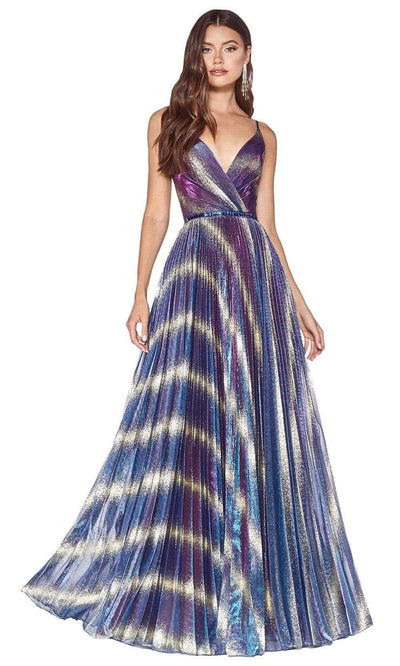 Cinderella Divine - KC895 Glittered and Multi-colored Pleated Dress Prom Dresses 2 / Cobalt-Gold