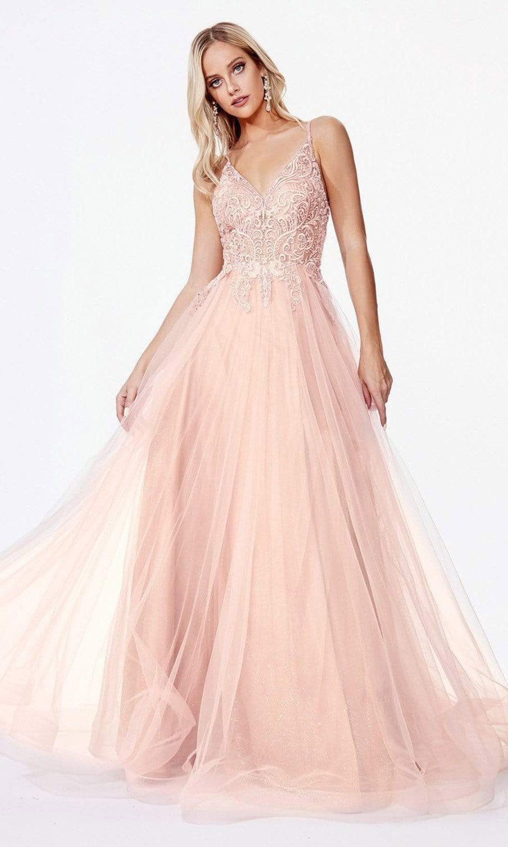 Cinderella Divine - Lace Spaghetti Strap A-Line Gown With Slit KC897SC In Pink